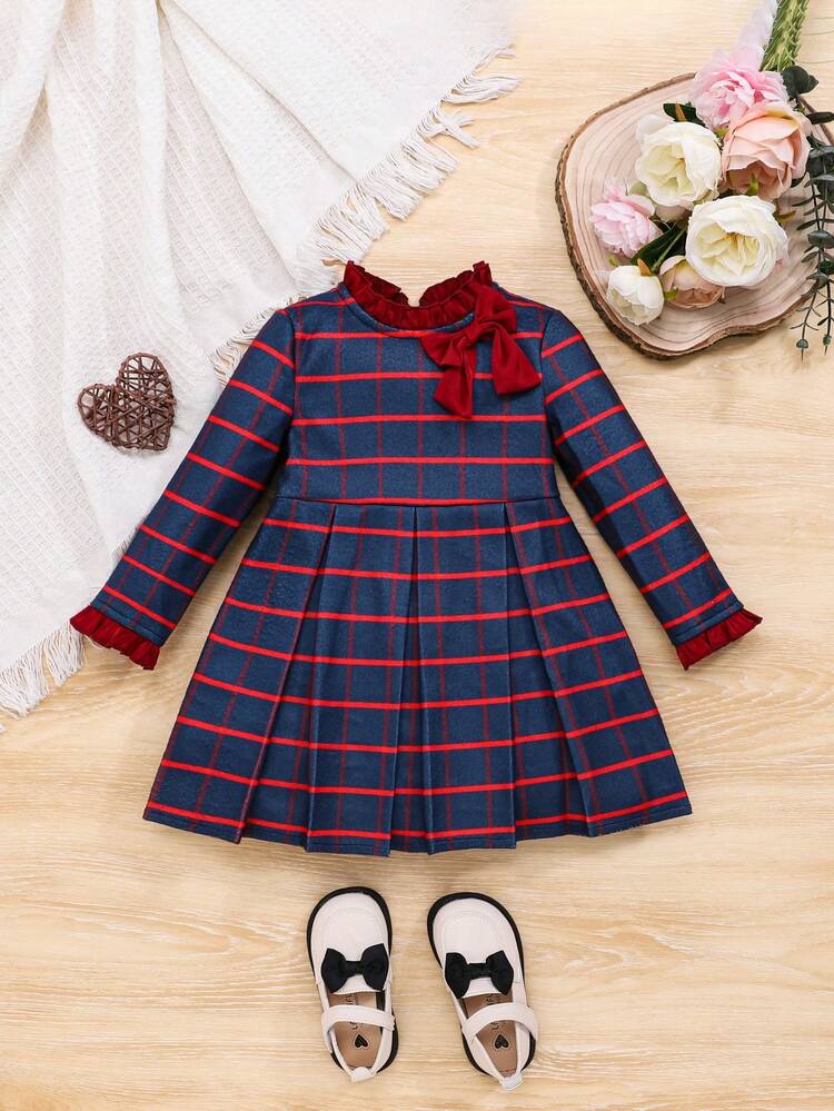 Baby Girl Striped Print Bow Front Pleated Hem Dress