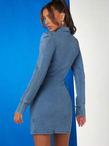 Denimoi Lace Up Cut Out Puff Sleeve Bodycon Denim Dress - Blue - View 2