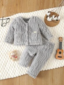 男嬰卡通刺繡法蘭絨夾克和褲子 - 彩色 - 查看 2