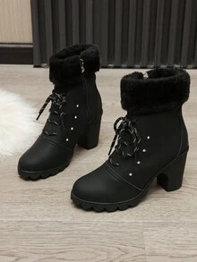 女款黑色高跟短靴及踝靴鏤空鉚釘細部尖頭踝靴pu皮坡跟歐美韓日系冬季 - 黑色 - 查看 5