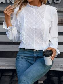 SHEIN Frenchy Ren tương phản Viền Ruffle tay áo lá sen Áo sơ mi - trắng - Xem 5