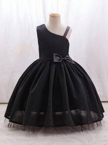 SHEIN Tween Girl Asymmetrical Neck Bow Front Gown Dress - Black - View 1