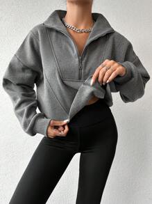 Cottnline Áo nỉ kéo khóa nửa vai màu trơn cho nữ - Màu xám đen - Xem 3