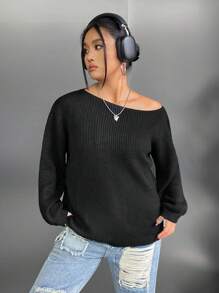 SHEIN EZwear Hơn Cổ không đối xứng Thả vai Áo len - màu đen - Xem 5