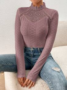 SHEIN Frenchy Guipure Lace Insert Mock Neck Eyelet Embroidery Bodysuit - Dusty Pink - View 6