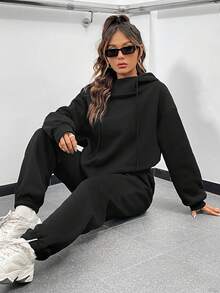 SHEIN EZwear Drop Shoulder Drawstring Hoodie & Sweatpants - Black - View 3