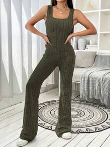 SHEIN EZwear Solid Ribbed Knit Flare Leg Jumpsuit - Army Green - View 6