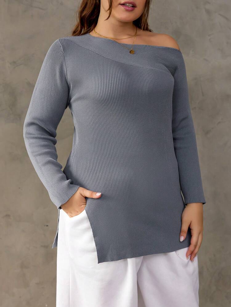 Plus Asymmetrical Neck Split Hem Sweater