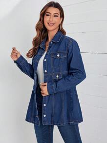 EMERY ROSE 翻蓋口袋前紐扣牛仔外套 - 深色水洗藍 - 查看 4