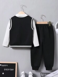 SHEIN Young Boy Letter Patched 2 In 1 Tee & Sweatpants - Black and White - View 2