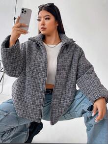 Flirla 大码拉链加厚棉服外套冬季 - 黑與白 - 查看 6