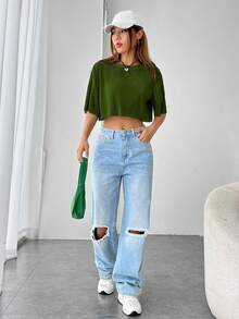SHEIN EZwear Drop Shoulder Plisse Crop Tee - Army Green - View 3