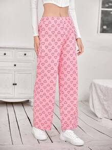 SHEIN EZwear Allover Heart Print Straight Leg Pants - Pink - View 3
