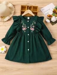 SHEIN Vintaside Kids Young Girl Floral Embroidery Ruffle Trim Flounce Sleeve Button Front Cord Dress Dark Green Dress For Young Girl