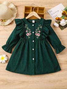 SHEIN Vintaside Kids Young Girl Floral Embroidery Ruffle Trim Flounce Sleeve Button Front Cord Dress Dark Green Dress For Young Girl