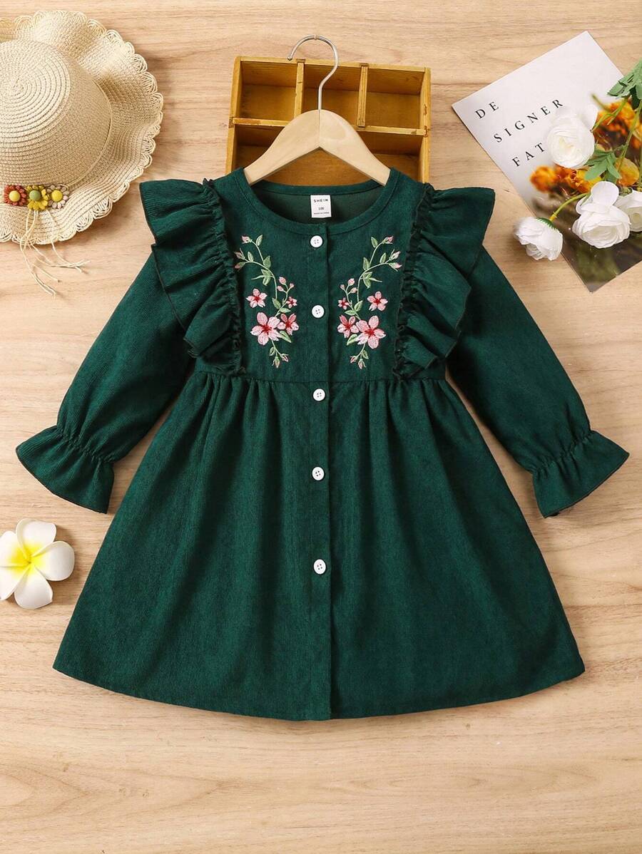 SHEIN Vintaside Kids Young Girl Floral Embroidery Ruffle Trim Flounce Sleeve Button Front Cord Dress Dark Green Dress For Young Girl