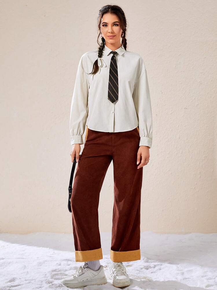 Striped Print Button Front Shirt With Tie