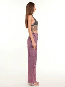 SHEIN BAE 側翻蓋口袋工裝牛仔褲 - 紫色 - 查看 3