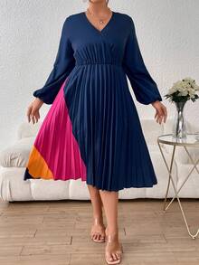 SHEIN Privé 大碼撞色燈籠袖百褶下擺洋裝 - 藍色 - 查看 5