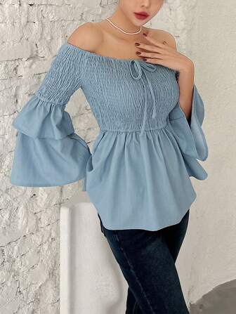 SHEINNeu Off Shoulder Flounce Sleeve Peplum Blouse