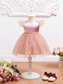SHEIN 女嬰荷葉邊網紗覆蓋派對禮服 - 杏色 - 查看 6
