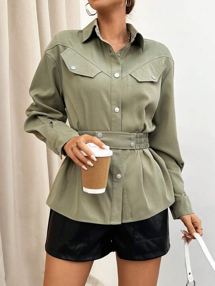 Flap Detail Drop Shoulder Belted Shirt