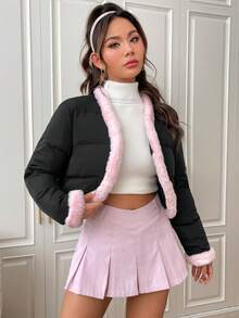 SHEIN MOD 女士毛绒边缘前开衬垫外套 - 黑色 - 查看 3