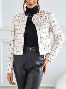 SHEIN Privé 格紋印花花卉圖案補丁貼開門襟花呢外套 - 白色 - 查看 3