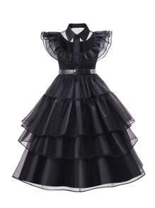 Black Elegant Vintage Young Girls Halloween Mesh Ruffle Hem Dress, Durable Fabric, Suitable For Halloween Costume, Stage Performance, Role Play, Cosplay, Halloween Dress - Black - View 3