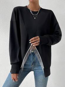 Chiquease Fringe Trim Drop Shoulder Asymmetrical Hem Sweatshirt - Black - View 4