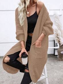 SHEIN Essnce 双口袋落肩开衫 - 卡其色 - 查看 6