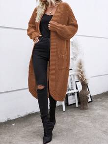 SHEIN Essnce Chất rắn Mở Mặt trước Thả vai Áo len Mở - Rỉ Nâu - Xem 4