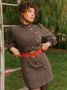 VB Collection Cổ giả Nút phía trước In Houndstooth Đầm Không có thắt lưng - Nhiều màu - Xem 6