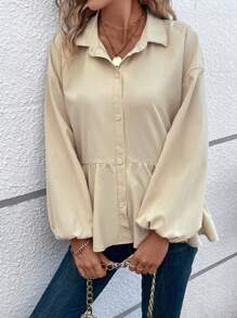 SHEIN LUNE Camisa de hombros caídos bajo con fruncido con botón delantero - Caqui - Ver 5