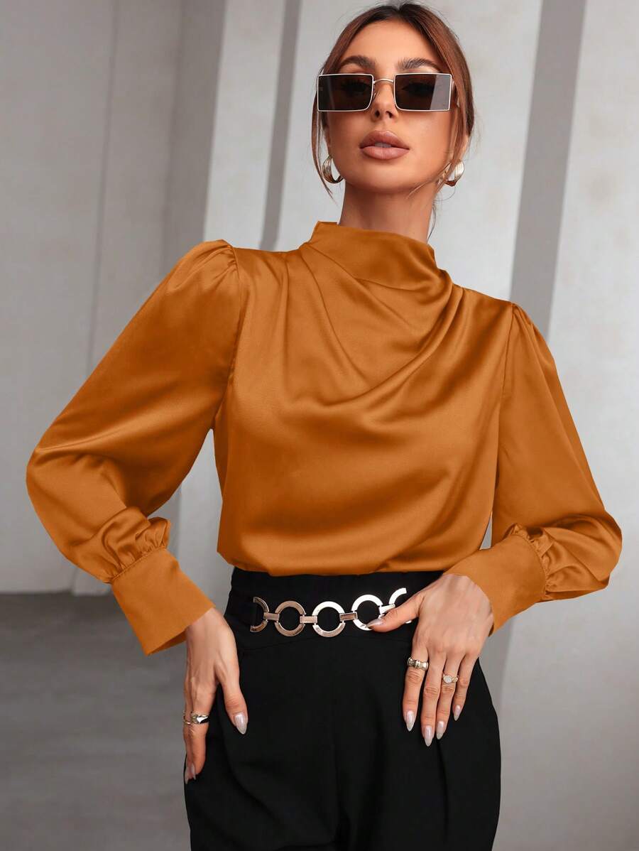 Modelyn 素色小高領燈籠袖緞面襯衫 - 橘色 - 查看 1