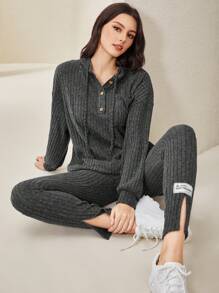 Mulvari 落肩袖抽繩連帽衫&字母貼布下擺開叉長褲 - 灰色 - 查看 1