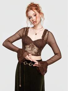 ROMWE Fairycore Women's Lace Contrast Mesh Ruffle Sleeve Top - Bronze - View 1