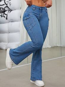 SHEIN ICON 側翻蓋口袋牛仔喇叭褲 - 中等水洗藍 - 查看 3