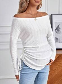 SHEIN 孕妇露肩抽绳长袖侧 T 恤 - 白色 - 查看 3