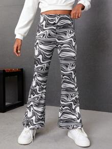 SHEIN Tween 女童休闲针织合身喇叭裤，带大理石纹图案 - 黑色 - 查看 4