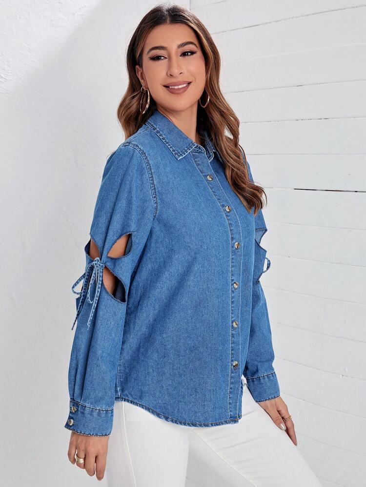 Cut Out Knot Detail Denim Top Fall Cloth For Women