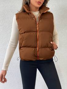 RueChic Zip Up Drawstring Puffer Vest Coat - Brown - View 5