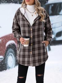 SHEIN LUNE 格紋印花落肩袖抽繩連帽外套 - 彩色 - 查看 4