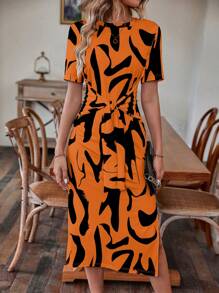 SHEIN LUNE Allover Print Split Thigh Knot Front Dress - Orange - View 1