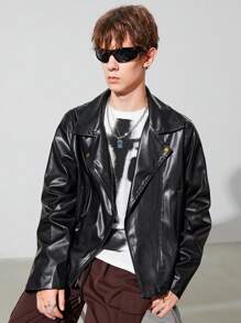 SHEIN 青少年男孩拉鏈開襟PU皮革機車夾克 - 黑色 - 查看 4