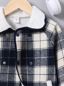 SHEIN Chico joven Abrigo con estampado de cuadros cuello de borreguito con forro teddy