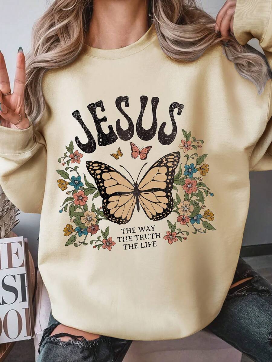 SHEIN EZwear 蝴蝶和標語圖案落肩袖加絨內裏運動衫 - 杏色 - 查看 1