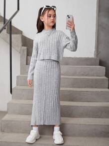 Cô gái Tween Cổ giả Thả vai Sweater & Knit Skirt - Xám - Xem 6