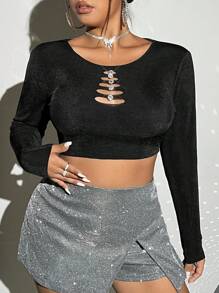 SHEIN ICON 大碼水鑽細節前鏤空短款T恤 - 黑色 - 查看 1