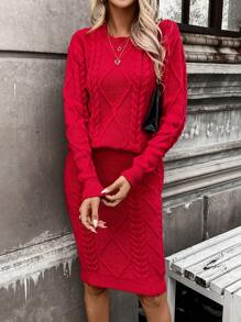 EMERY ROSE Cable Knit Drop Shoulder Sweater & Knit Skirt For New Year Clothes Fall Winter Cloth For Women - Red - View 6